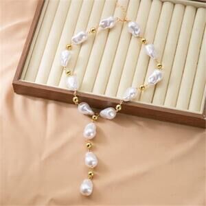 Gold Baroque Pearl Layered Necklace Set Irregular Beaded Y-Choker